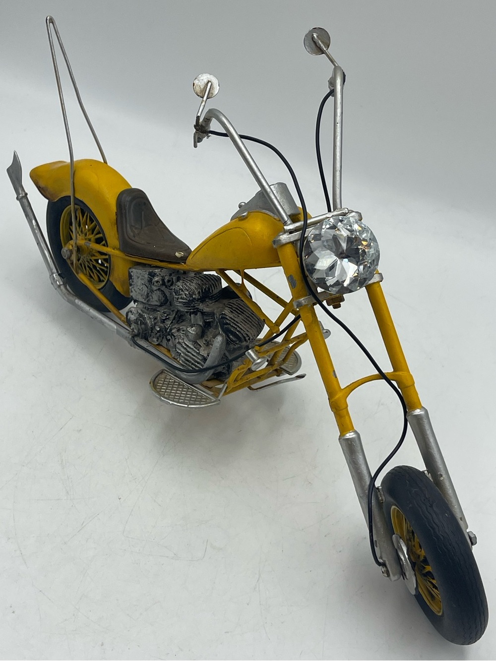 Vintage 13” Metal Chopper Motorcycle Sculpture Handcrafted Yellow Iron Art Bike
